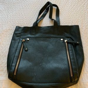 Faux leather tote. Dark green, gold accents.